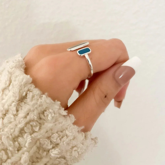 925 Sterling Silver Bar Ring Minimalist Dainty Bar Ring Blue Double Bar Ring - Picture 7 of 9